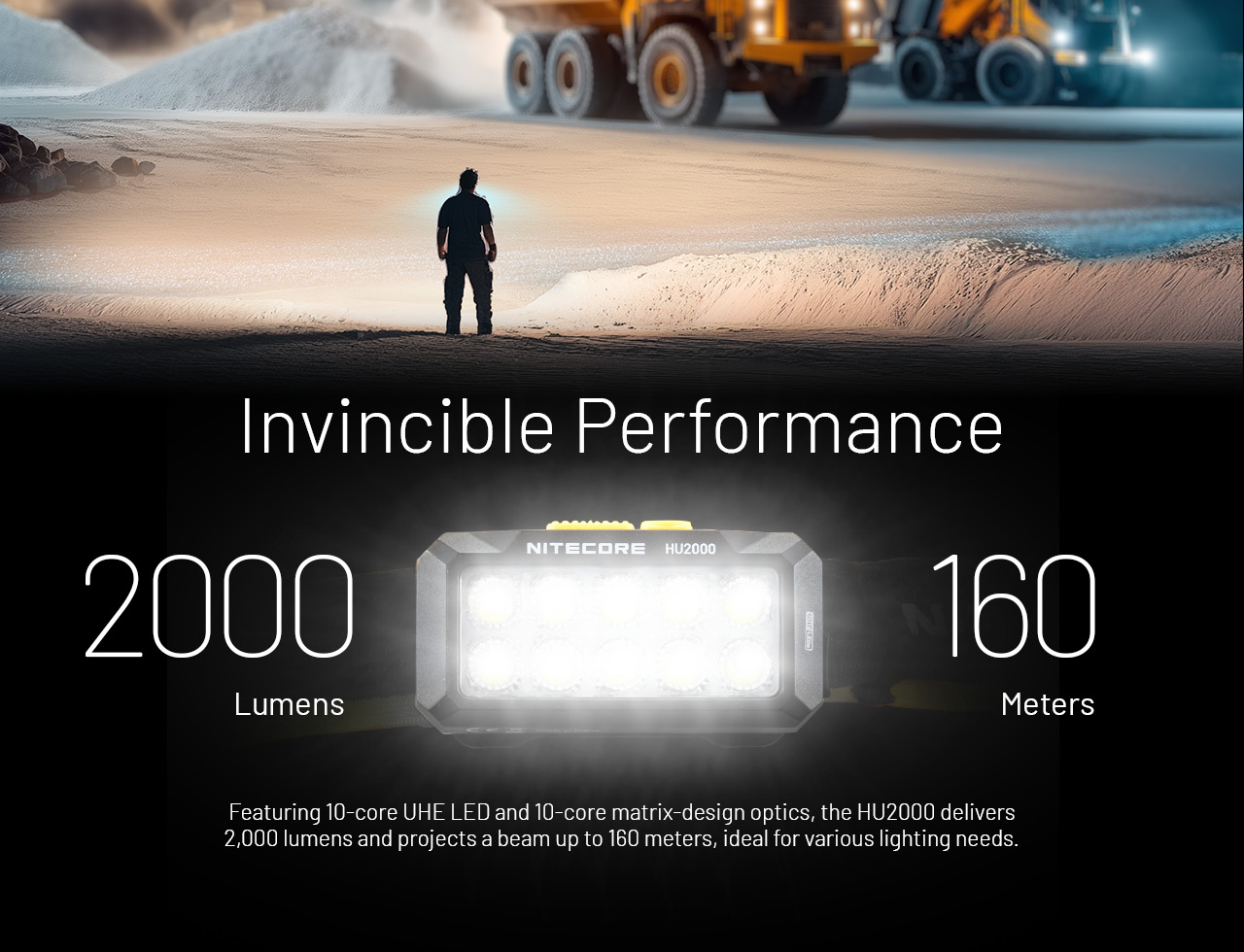 NITECORE HU2000 svieti v piesočnom lome medzi banskými autami – 2 000 lm a dosvit 160 m z desiatich LED UHE