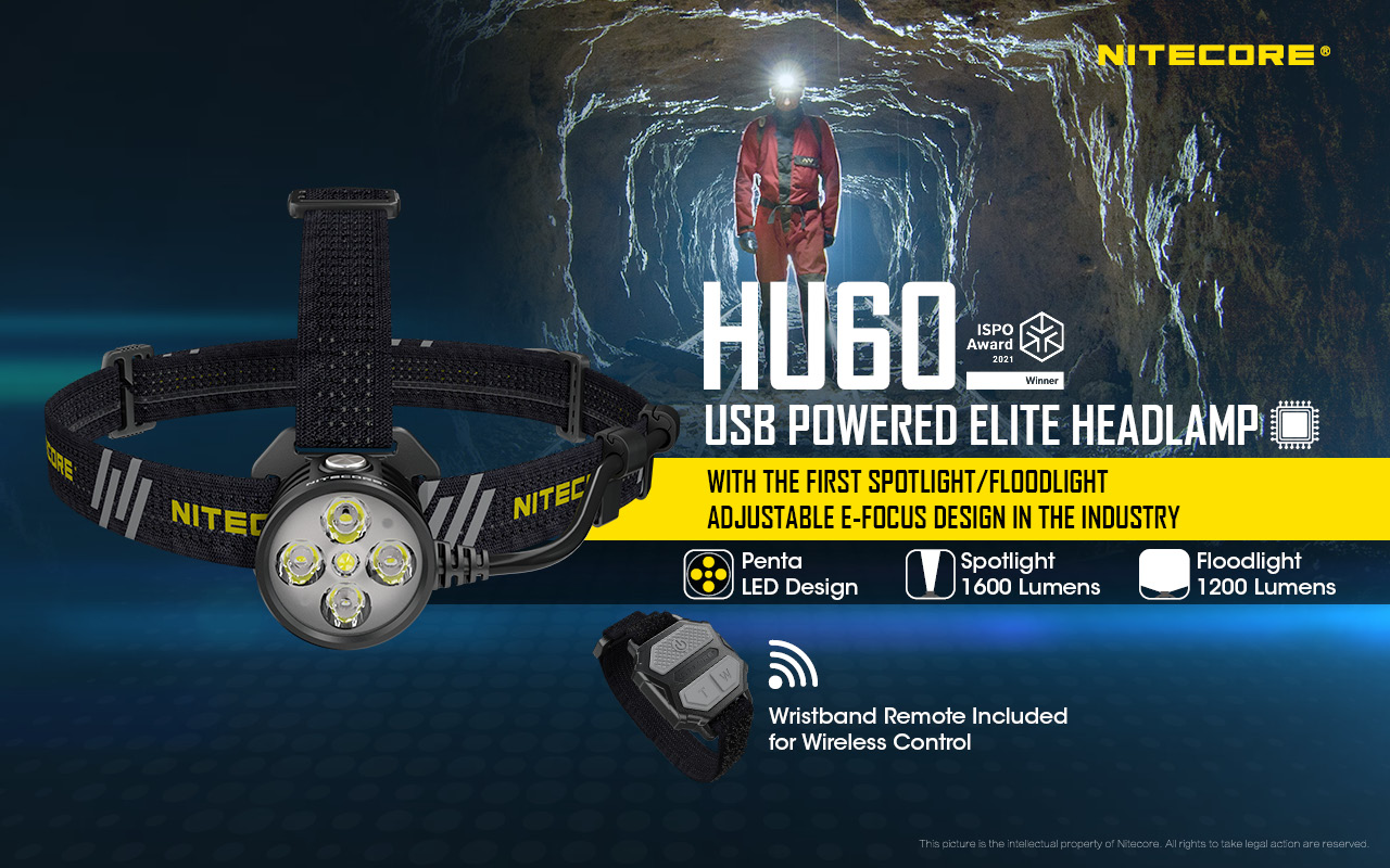 NITECORE HU60 titulná infografika – čelovka s piatimi LED, bodové svetlo 1 600 lm, široké 1 200 lm a ovládač na zápästí