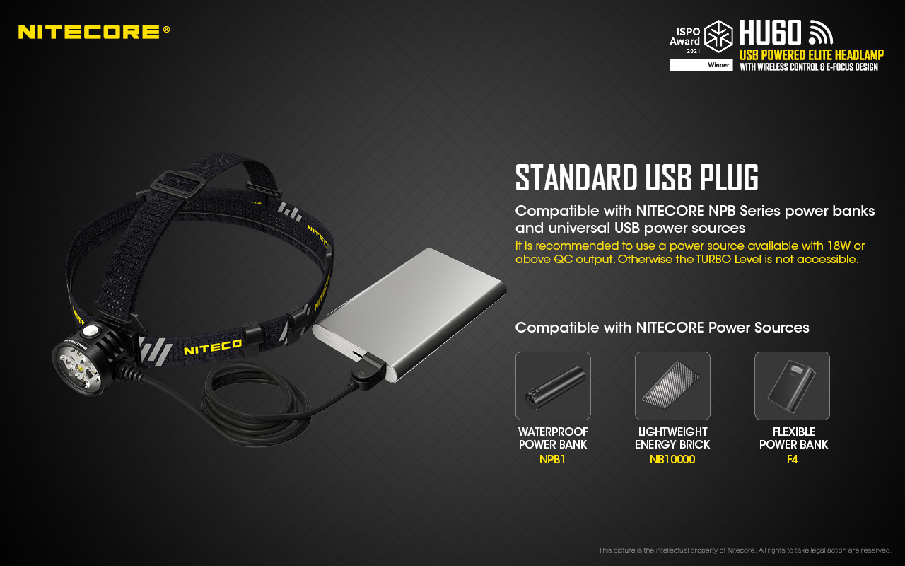 Štandardná zástrčka USB-A čelovky NITECORE HU60 – napájanie z powerbanky NPB1, NB10000, F4 aj z bežných USB zdrojov