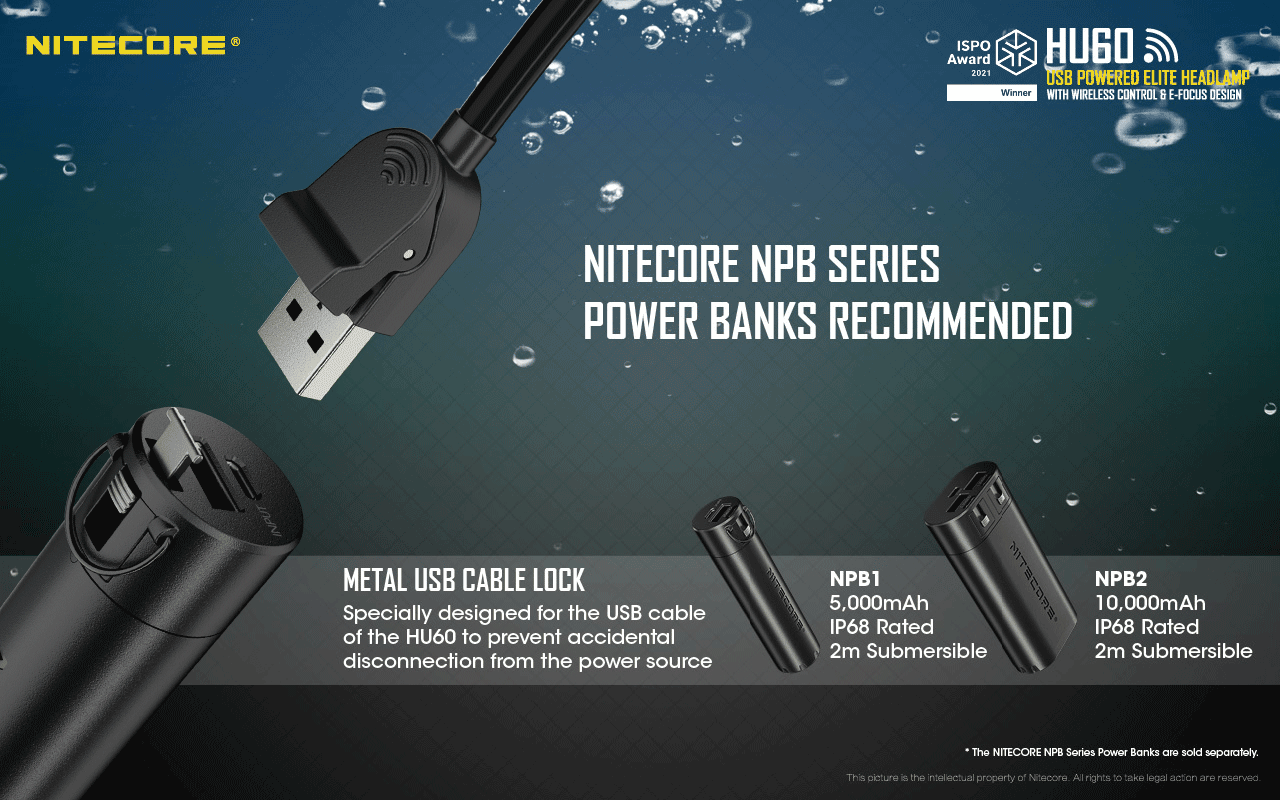 Kovový zámok USB kábla na powerbankách NITECORE NPB pre čelovku HU60 – NPB1 5 000 mAh a NPB2 10 000 mAh, animácia