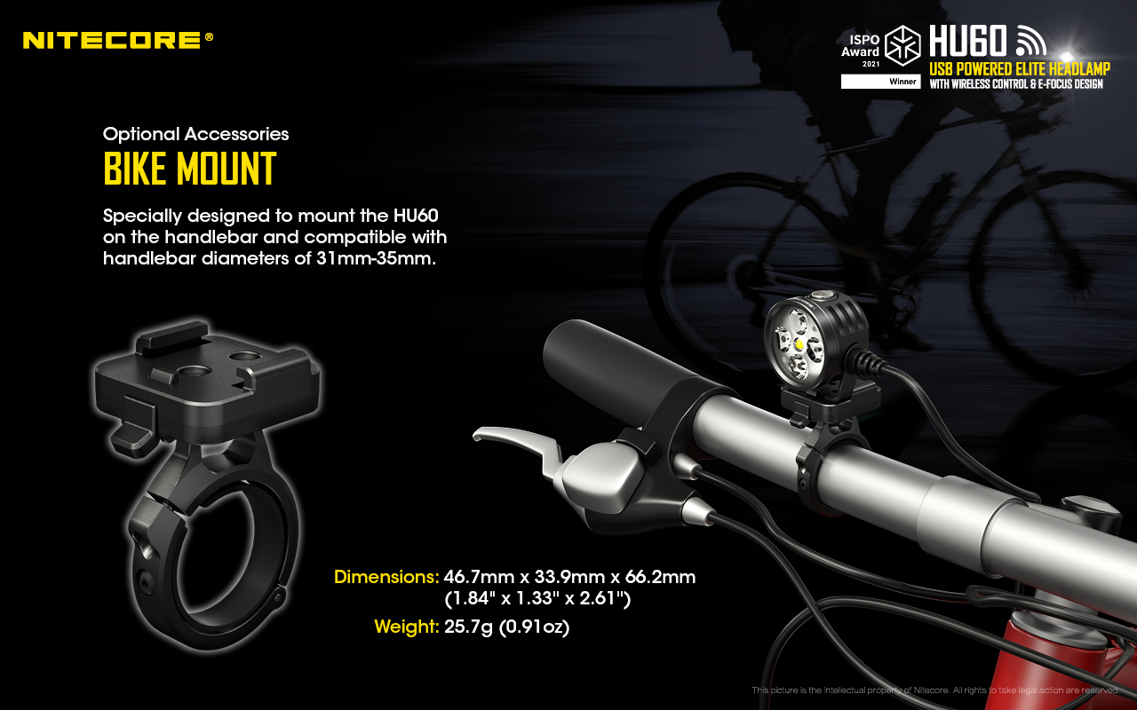 Voliteľný držiak NITECORE HU60 na riadidlá bicykla s priemerom 31 až 35 mm, rozmery 46,7 × 33,9 × 66,2 mm a 25,7 g