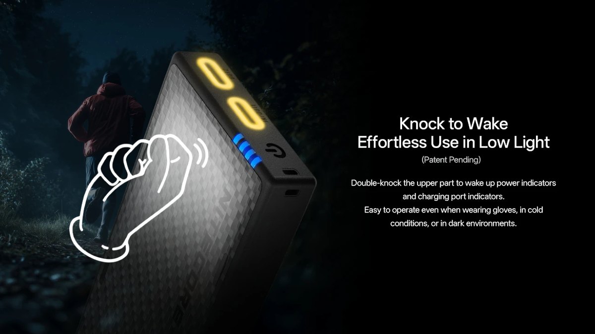 Funkcia Knock to Wake v NITECORE NB10000 Gen4 — dvojité poklepanie prebudí indikátory aj cez rukavice