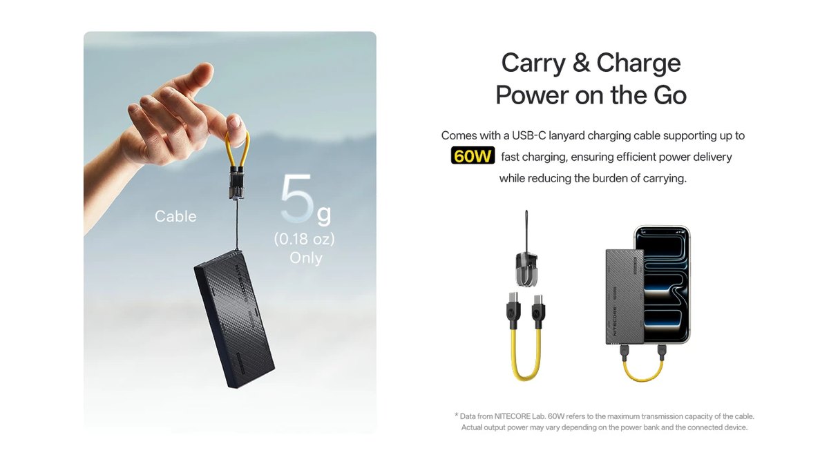 Lanyard USB-C kábel v balení NITECORE NB10000 Gen4 váži 5 g a prenesie až 60 W