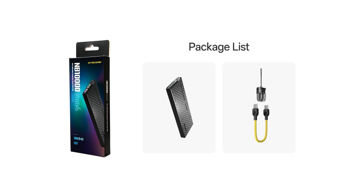 Obsah balenia NITECORE NB10000 Gen4 — powerbanka a lanyard USB-C nabíjací kábel