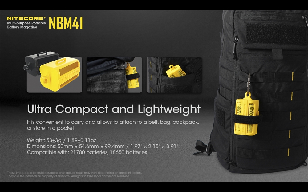 NITECORE NBM41 pripnutý na karabínke batoha, na opasku a vo vrecku – kompaktný zásobník 53 g na batérie 21700 a 18650