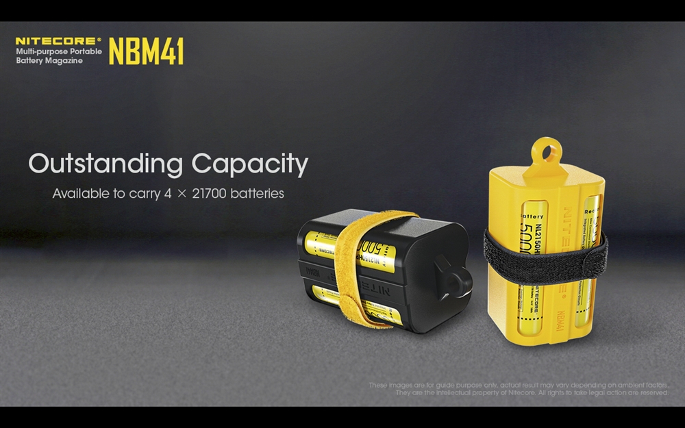 Infografika NITECORE NBM41 Outstanding Capacity – zásobník pojme štyri batérie 21700, stiahnuté páskou so suchým zipsom
