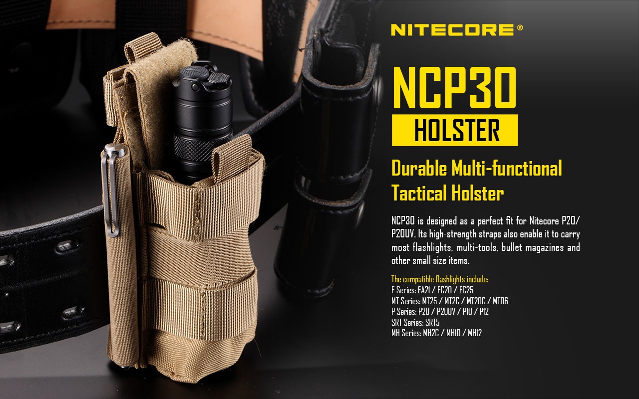 Nitecore NCP30 taktické puzdro na opasku so zoznamom kompatibilných bateriek P20, P20UV, P10 a P12 od výrobcu