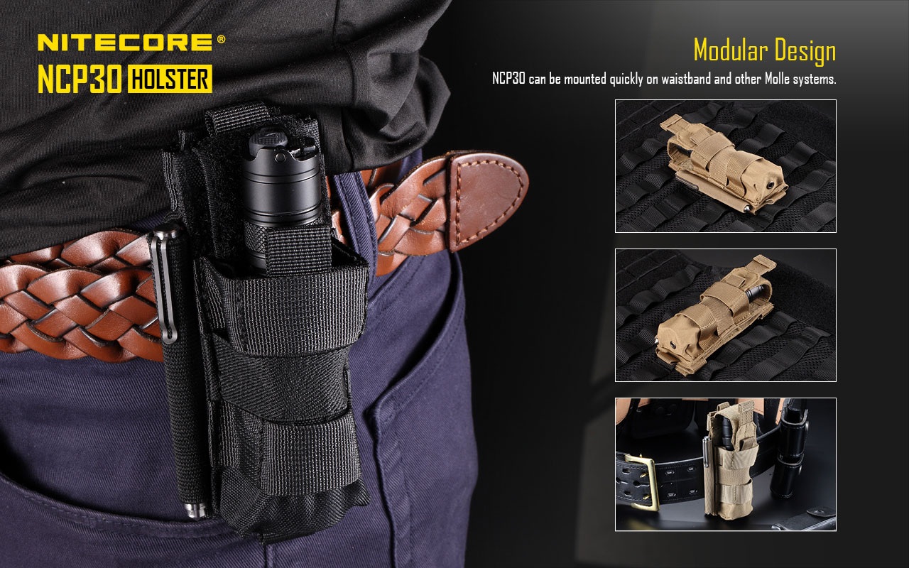Nitecore NCP30 čierne puzdro upnuté na opasku a khaki verzia na MOLLE paneli taktickej vesty