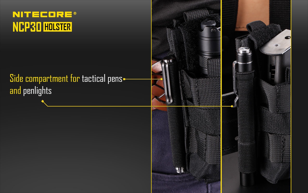 Nitecore NCP30 čierne puzdro s taktickým perom v bočnej priehradke a so zásobníkom v hlavnom priestore