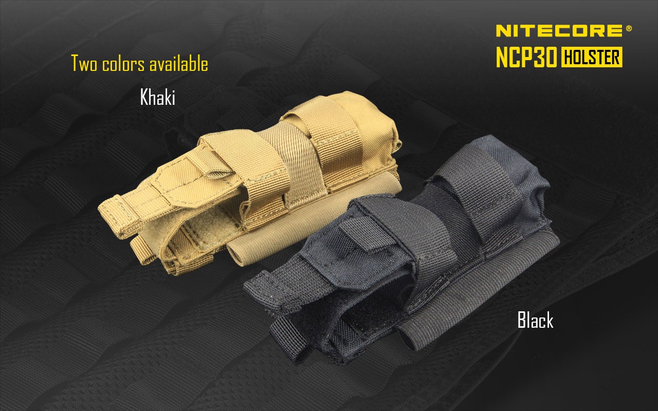 Nitecore NCP30 v khaki a čiernej verzii vedľa seba na MOLLE podklade — porovnanie oboch farieb výrobcu