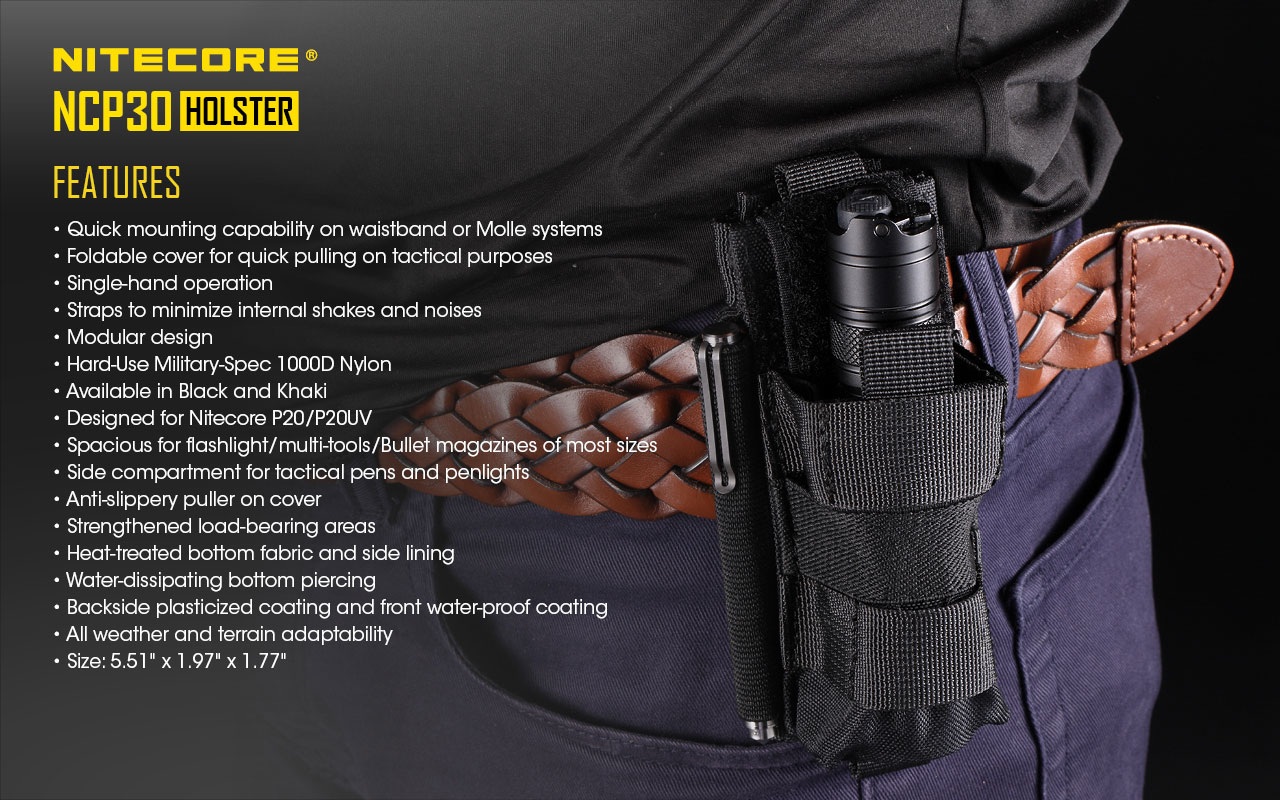 Nitecore NCP30 — originálna grafika výrobcu so zoznamom 17 vlastností a rozmerom 5,51 × 1,97 × 1,77 palca