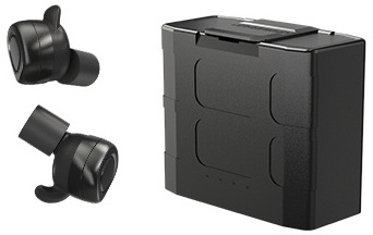Nitecore NE20 kompletná zostava — pár slúchadiel a čierne nabíjacie puzdro s klipom