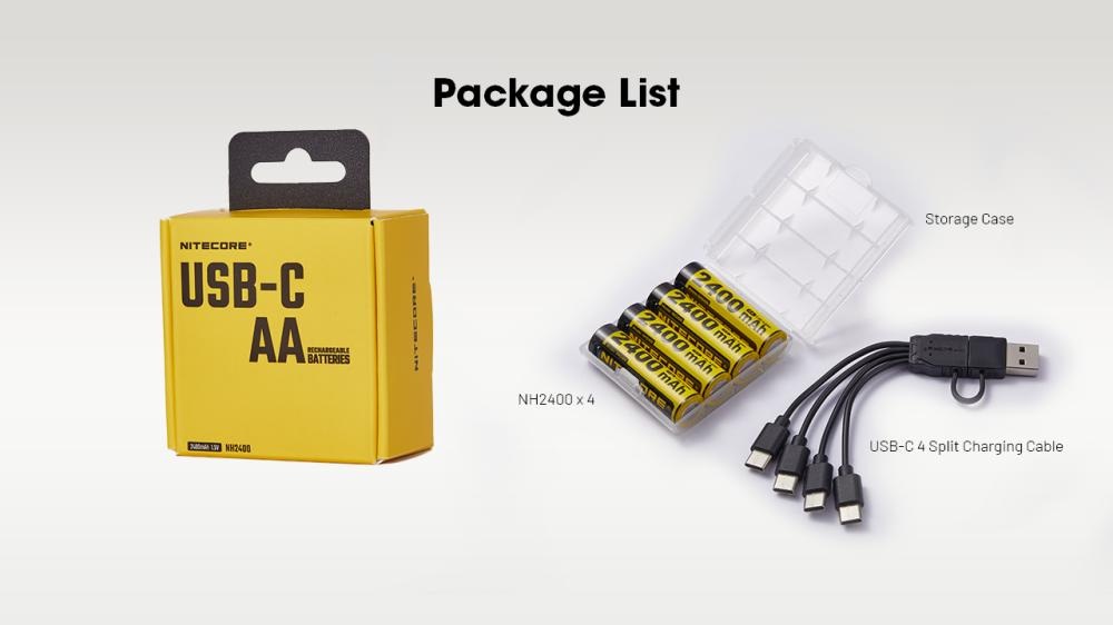 Nitecore NH2400 obsah balenia: krabička, štyri AA články v puzdre a nabíjací kábel USB-C so 4 vetvami