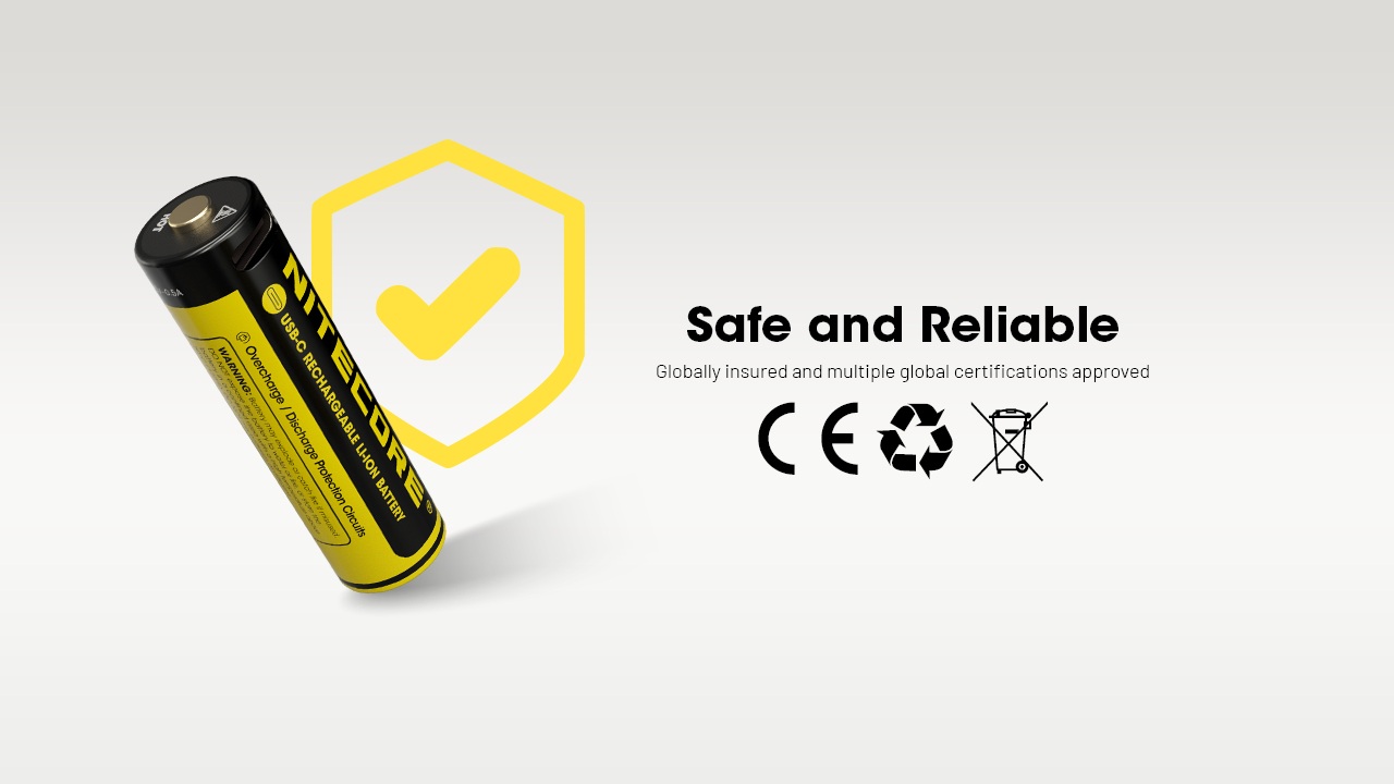 Nitecore NH2400 bezpečnostné značenie článku AA: CE, symbol recyklácie a preškrtnutý kontajner WEEE