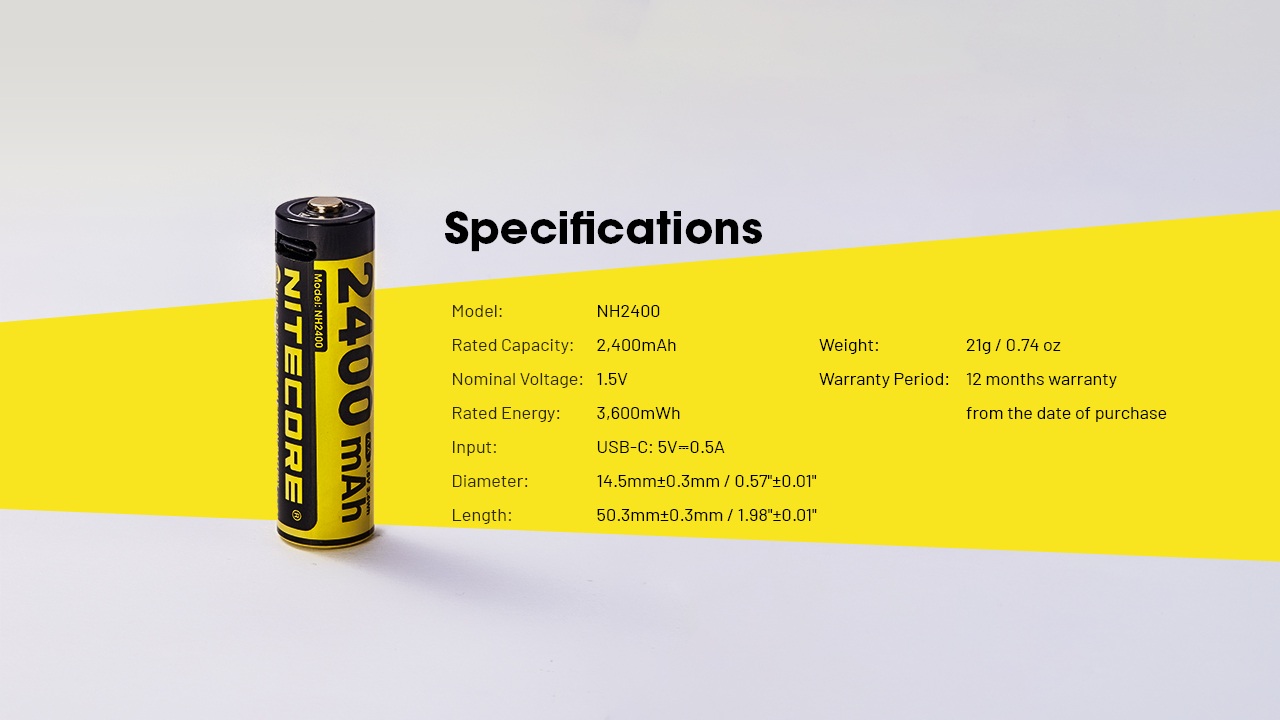 Nitecore NH2400 tabuľka parametrov výrobcu: 2400 mAh, 1,5 V, 3600 mWh, vstup USB-C 5 V a rozmery AA