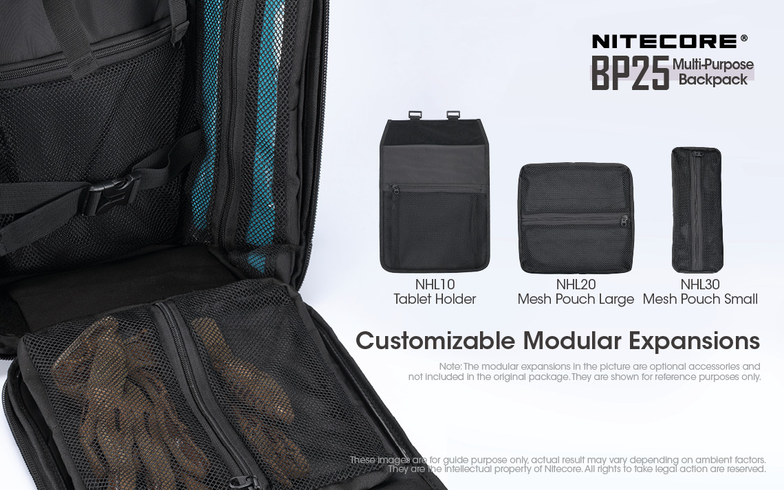 Nitecore NHL30 Mesh Pouch Small — modulárne rozšírenia batoha BP25: NHL10 Tablet Holder, NHL20 Mesh Pouch Large a NHL30 Mesh Pouch Small