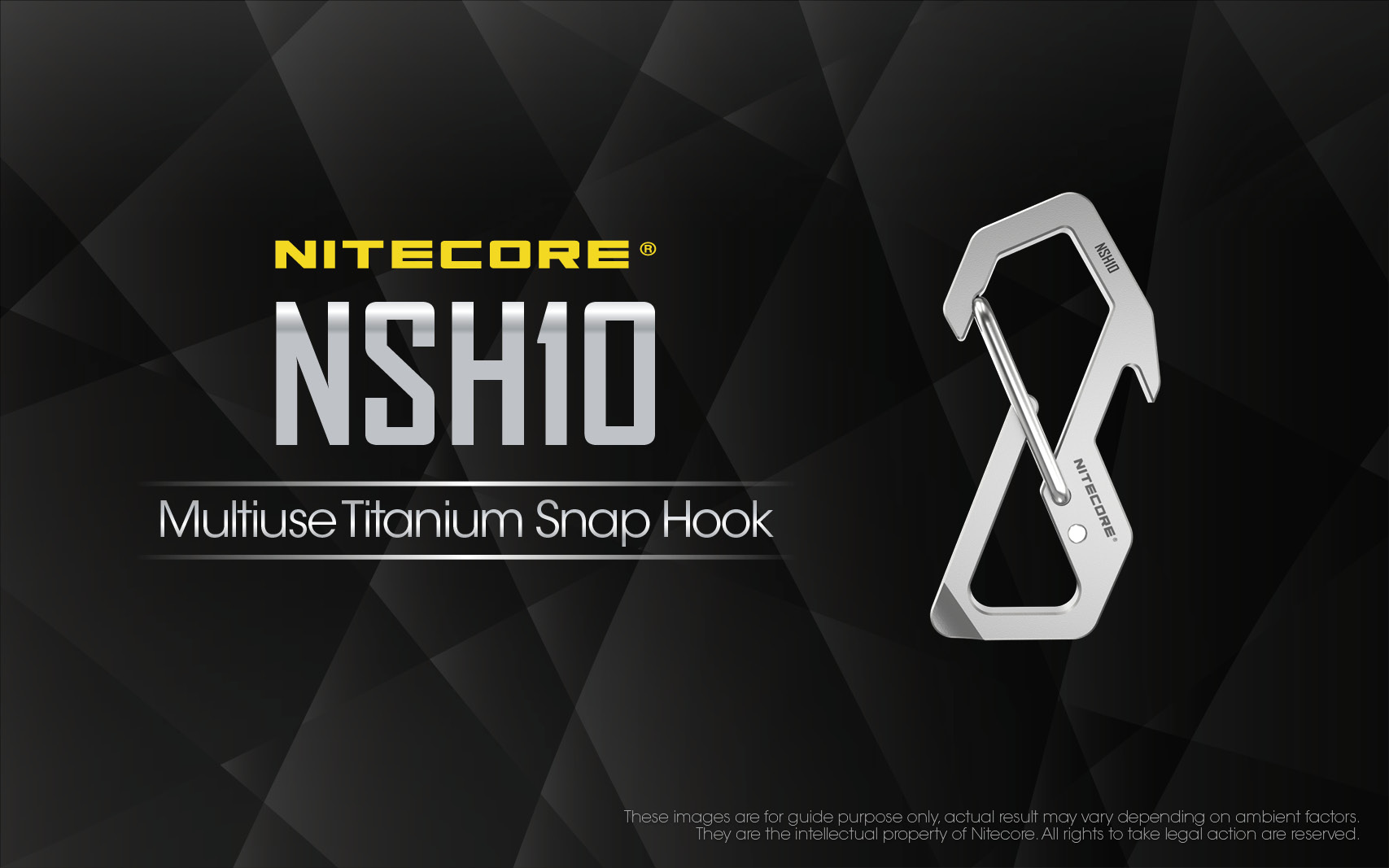 Infografika NITECORE NSH10 Multiuse Titanium Snap Hook – titánová karabína v tvare osmičky na tmavom pozadí