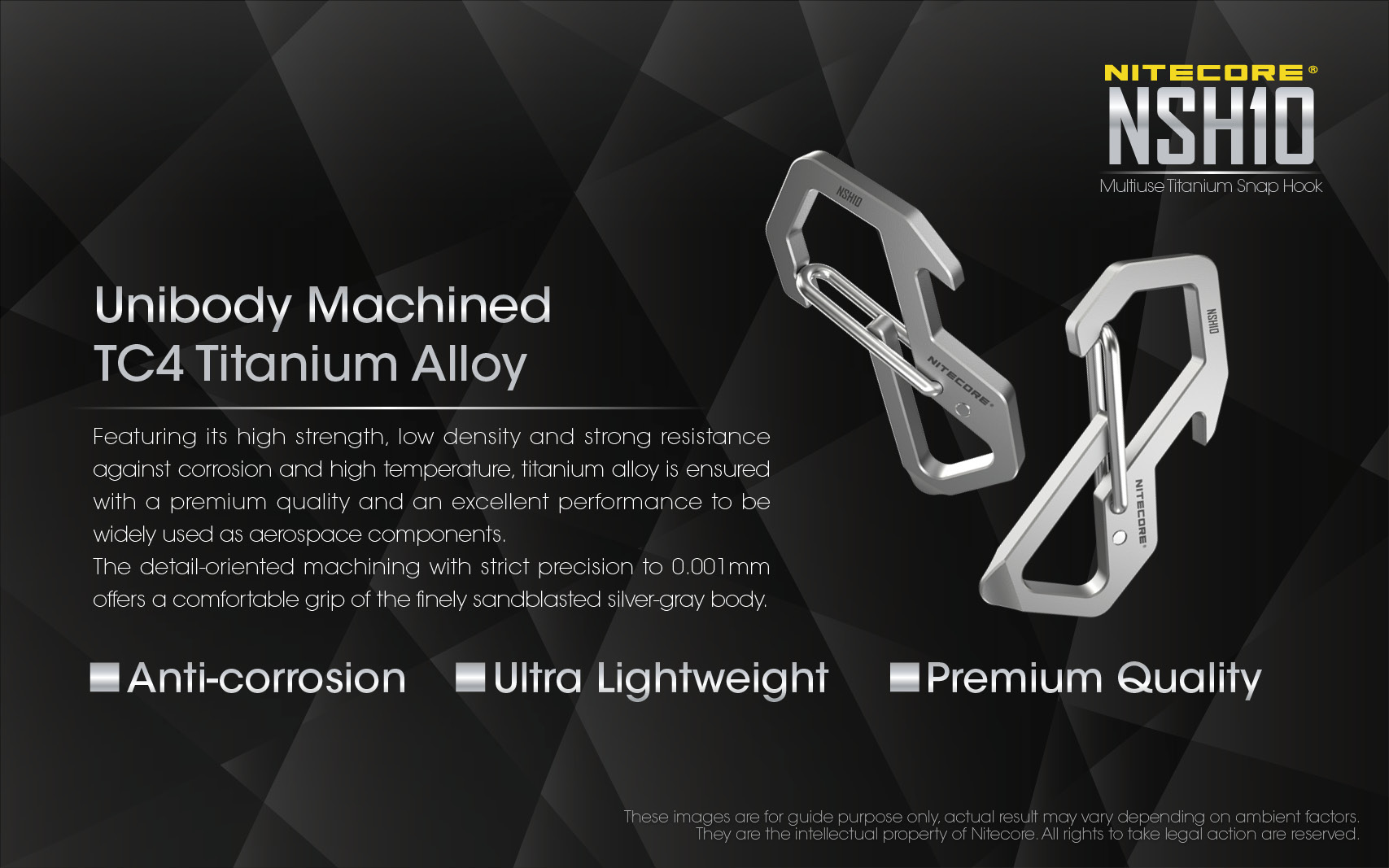 Infografika NITECORE NSH10 Unibody Machined TC4 Titanium Alloy – dve titánové karabíny a vlastnosti materiálu