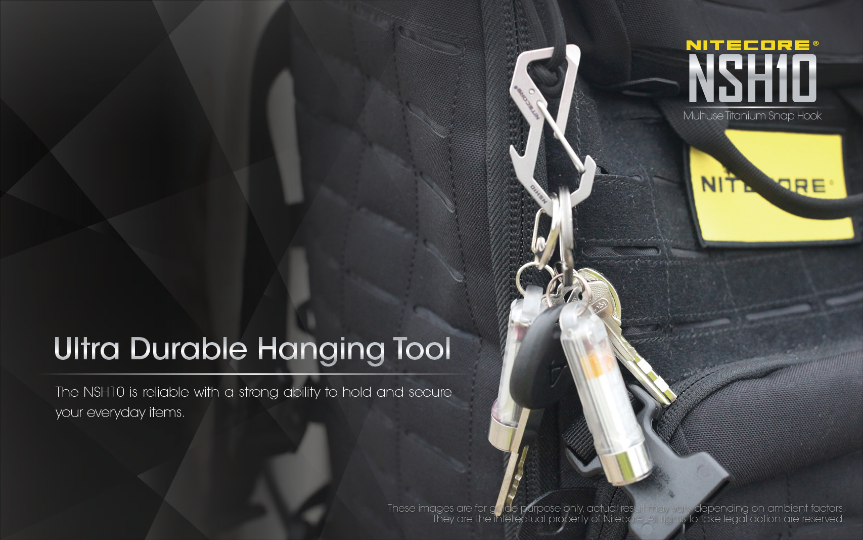 Infografika NITECORE NSH10 Ultra Durable Hanging Tool – karabína na batohu so zväzkom kľúčov a malým svetlom