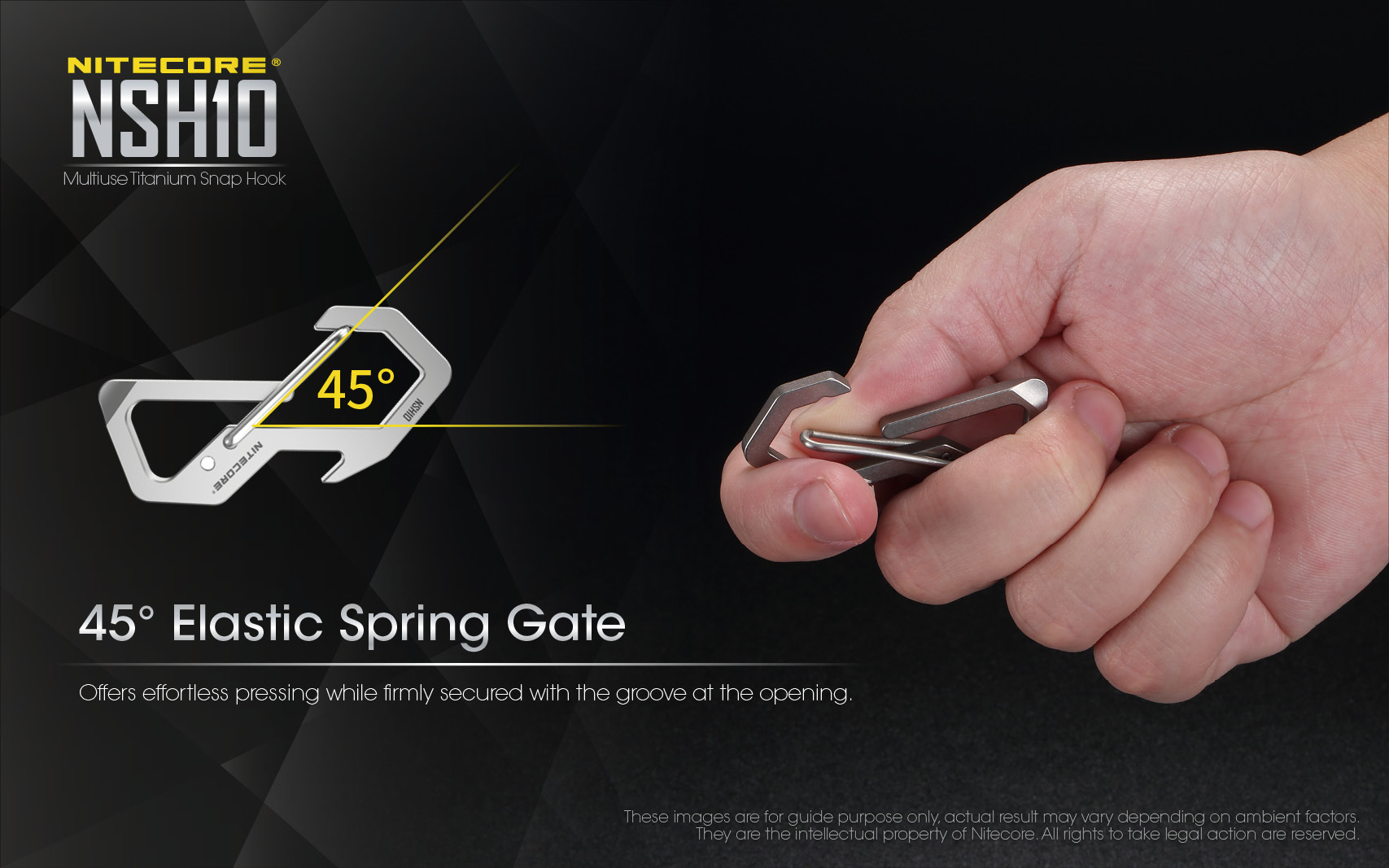 Infografika NITECORE NSH10 45° Elastic Spring Gate – pružná západka pod uhlom 45° a stlačenie palcom