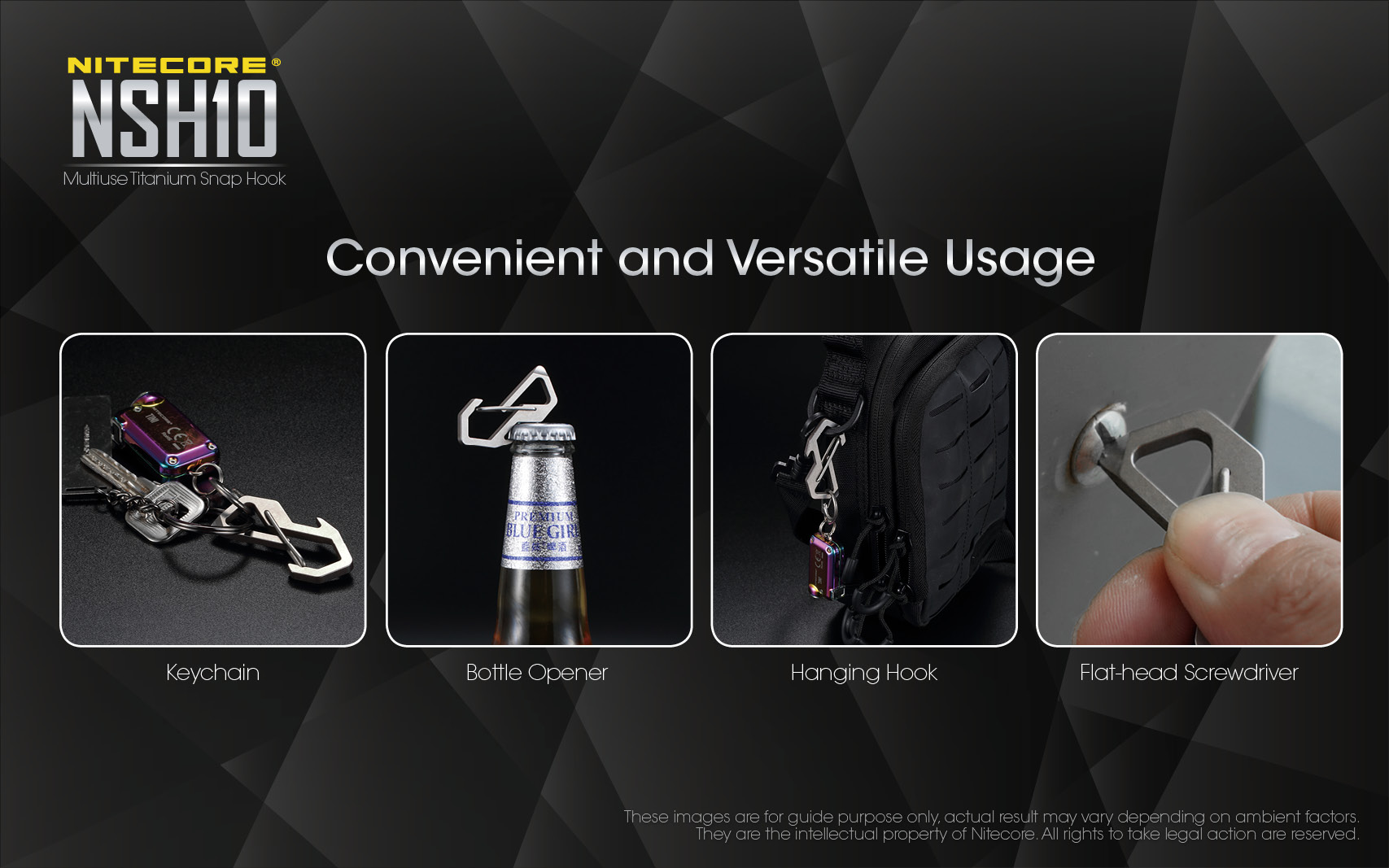 Infografika NITECORE NSH10 Convenient and Versatile Usage – kľúčenka, otvárač na fľaše, závesný hák a skrutkovač