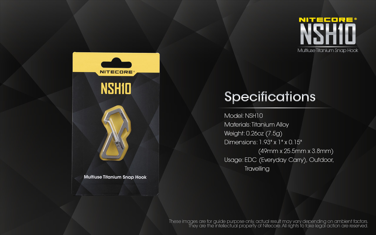 Infografika NITECORE NSH10 Specifications – blister s karabínou, 7,5 g, 49 × 25,5 × 3,8 mm
