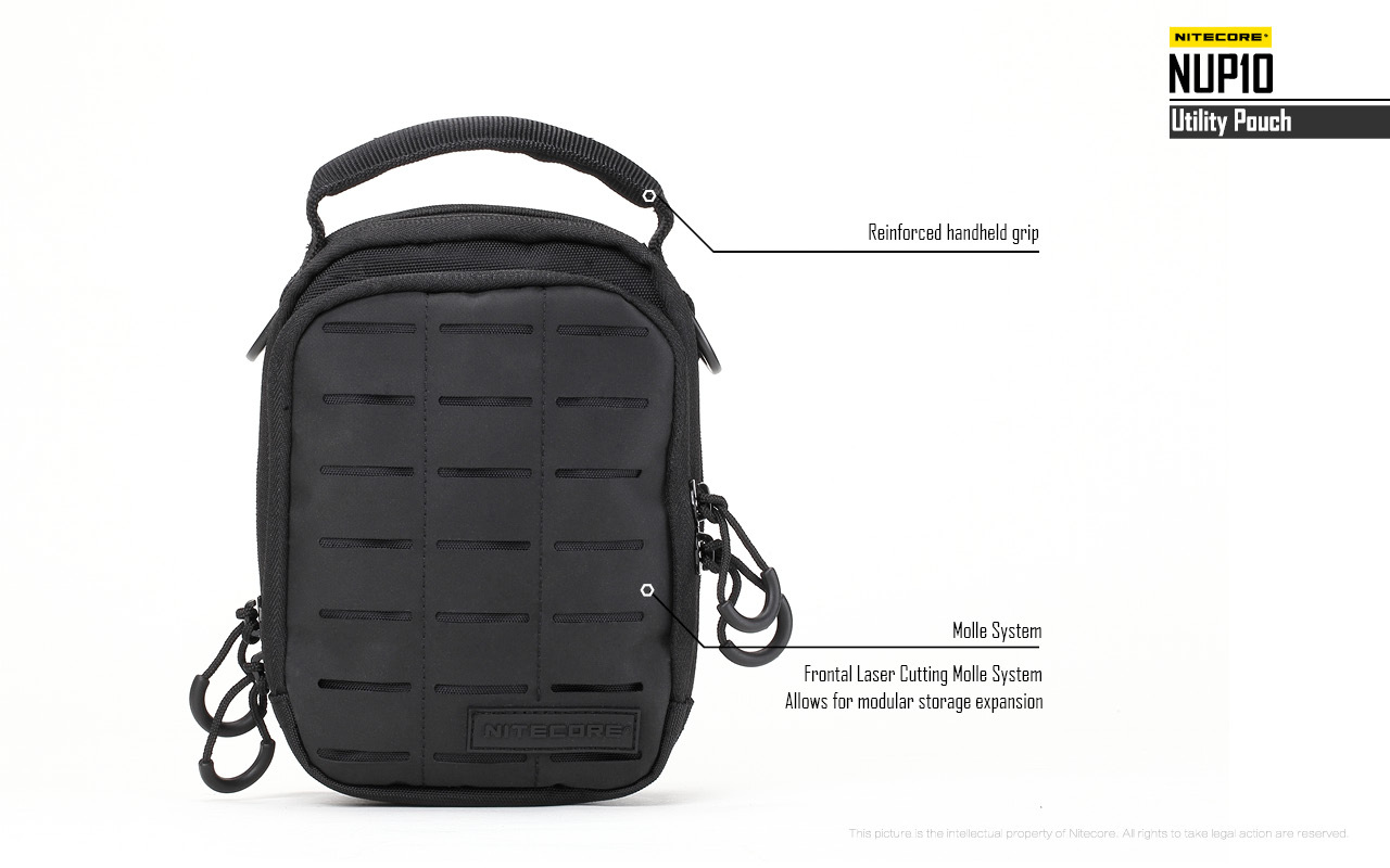 Nitecore NUP10 — vystužené držadlo na vrchu a predný laserovo rezaný MOLLE systém na moduly