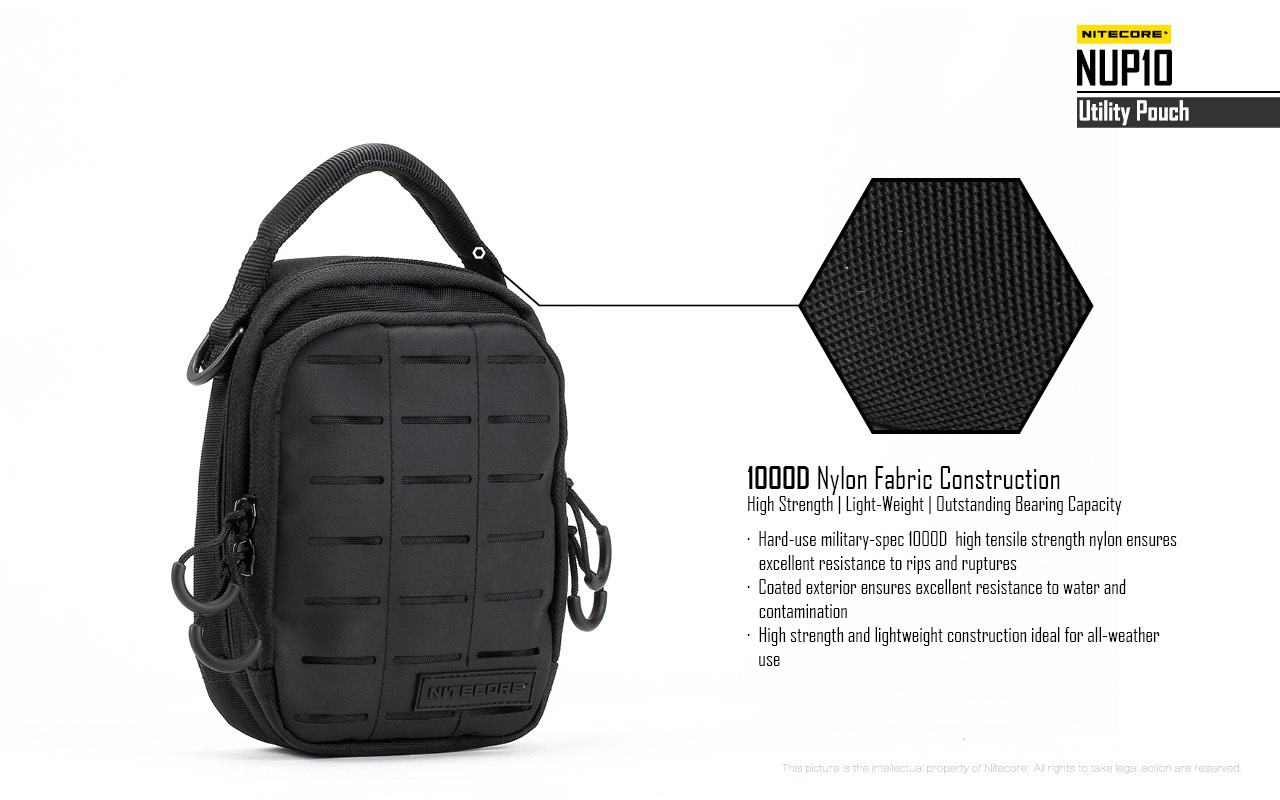 Nitecore NUP10 — infografika výrobcu k materiálu: 1000D nylon, povrch odolný vode a znečisteniu, nízka hmotnosť