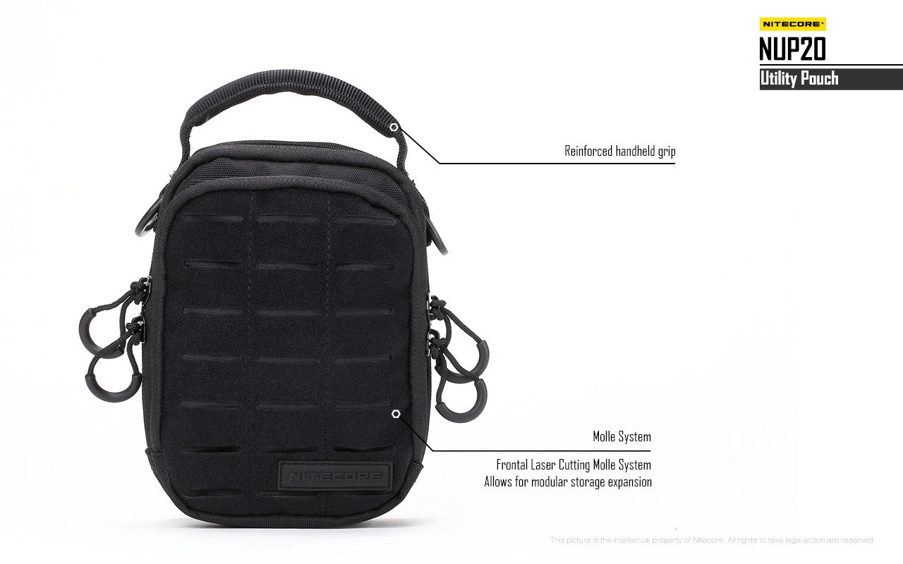 Nitecore NUP20 — vystužené držadlo na vrchu, predný laserovo rezaný MOLLE systém a bočné karabínové háky