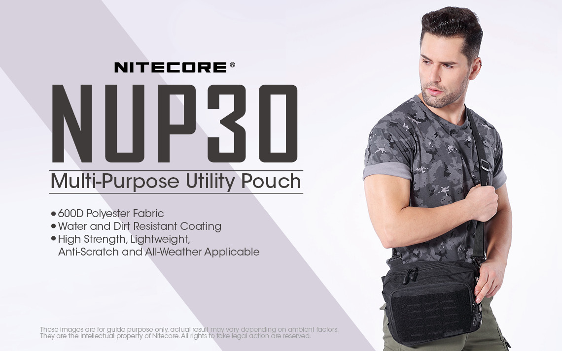 Nitecore NUP30 Multi-Purpose Utility Pouch — grafika výrobcu s materiálom 600D polyester a úpravou odolnou voči vode a špine
