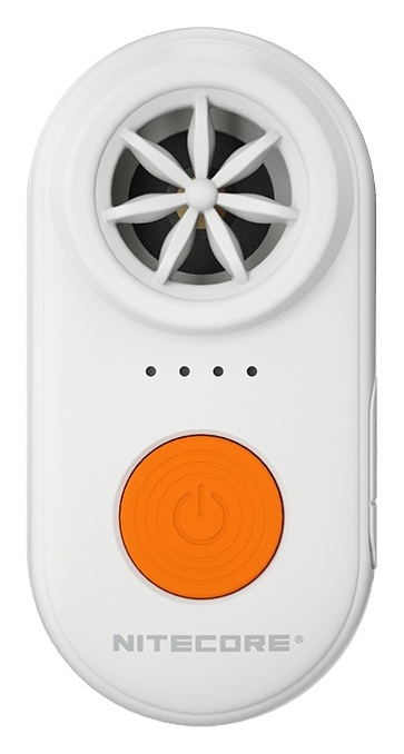 Nitecore NWE10 Frost White elektronická outdoorová píšťalka spredu – mriežka reproduktora, indikátor a oranžové tlačidlo