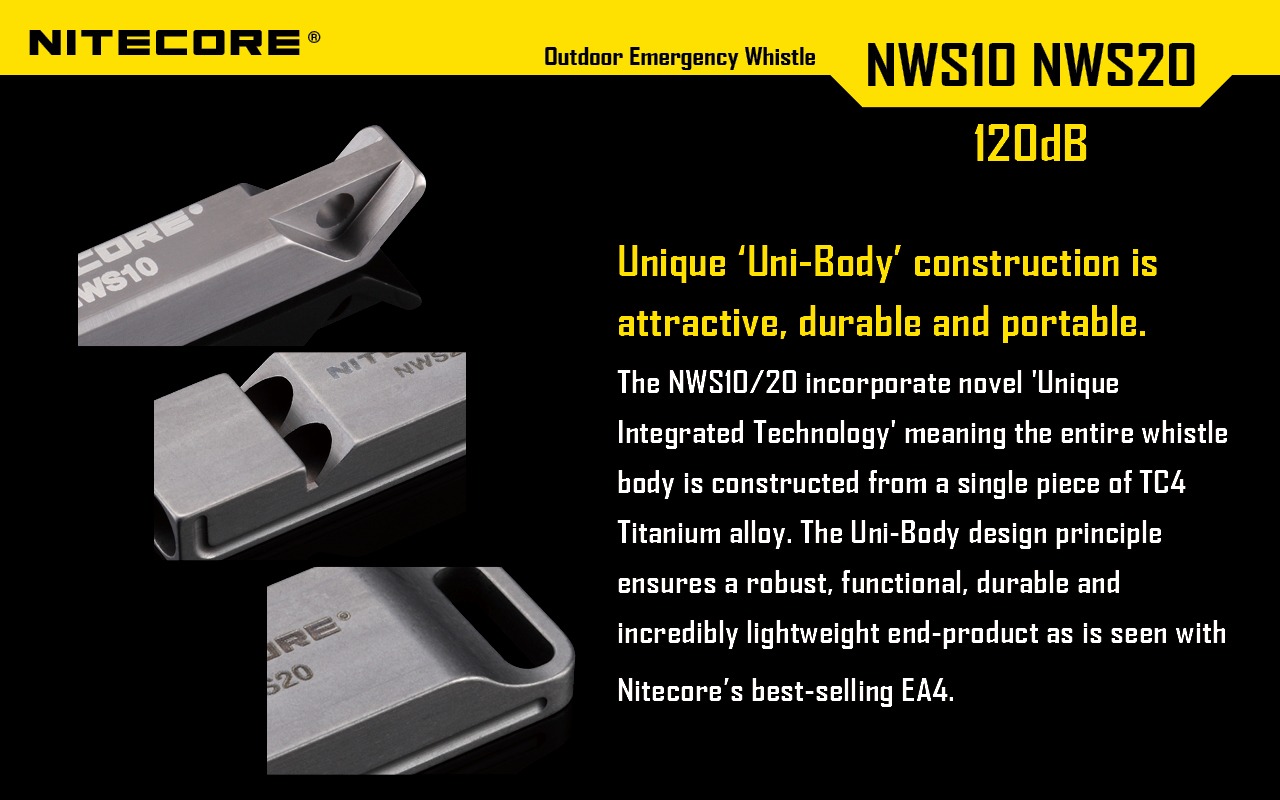 Nitecore NWS10 detail jednodielneho tela z jedného kusu TC4 titánu – očko na šnúrku a výfukový otvor zblízka