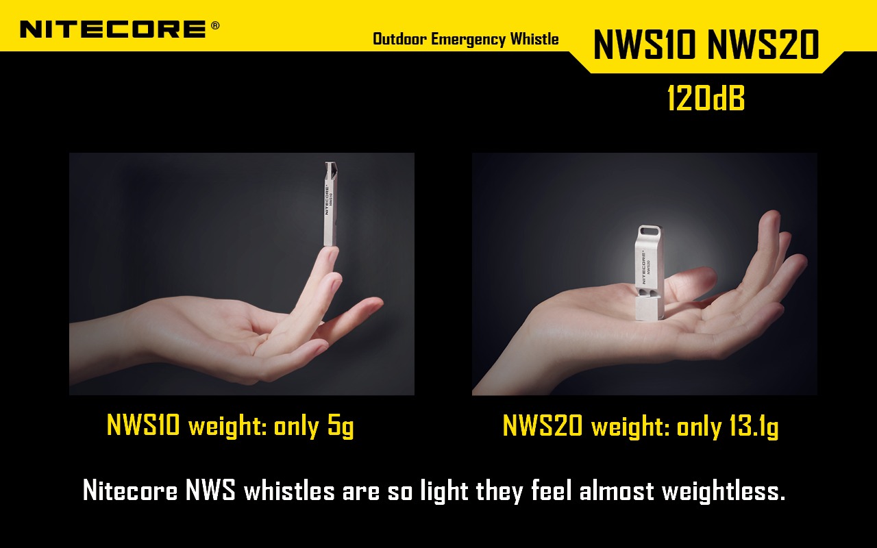 Nitecore NWS10 váži len 5 g – titánová píšťalka stojí na špičke prsta, sesterská NWS20 vedľa má 13,1 g