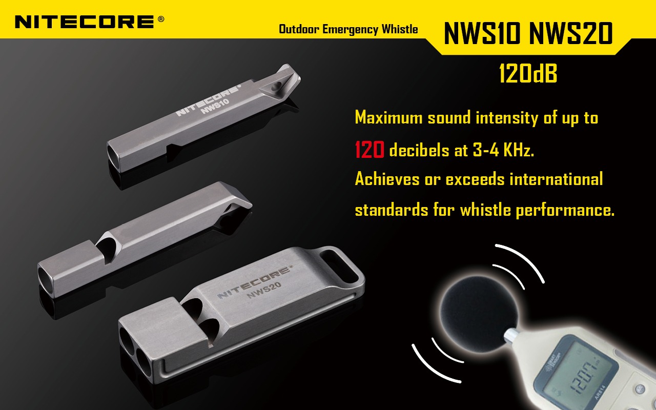 Nitecore NWS10 maximálna hlasitosť 120 dB pri 3–4 kHz – titánové píšťalky vedľa hlukomera pri meraní