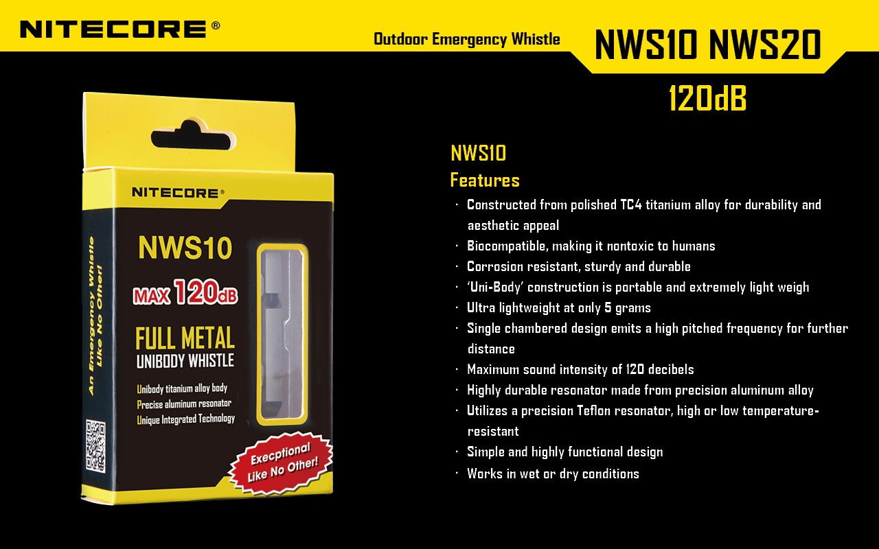 Nitecore NWS10 balenie – žltá krabička s okienkom, MAX 120 dB, celotitánové jednodielne telo a hliníkový rezonátor