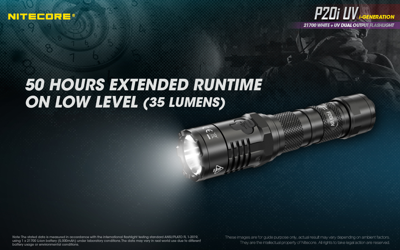NITECORE P20i UV výdrž na stupni LOW 35 lm – až 50 hodín s akumulátorom 21700 s kapacitou 5000 mAh