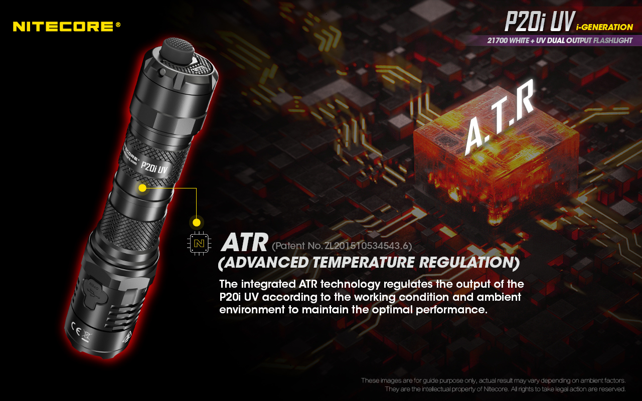 NITECORE P20i UV patentovaná regulácia teploty ATR – výkon sa prispôsobuje prevádzke a okolitému prostrediu