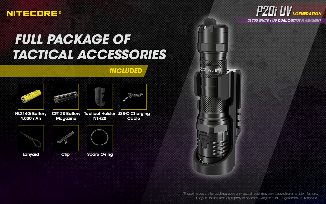 NITECORE P20i UV obsah balenia – akumulátor NL2140i, zásobník CR123, puzdro NTH20, kábel USB-C, šnúrka, klip a O-krúžok