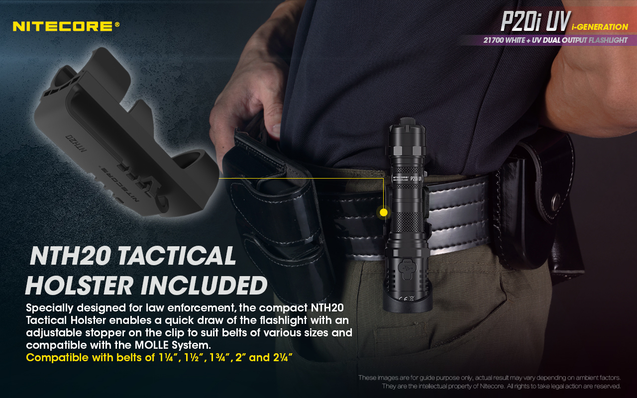 NITECORE P20i UV taktické puzdro NTH20 v balení – rýchle vytiahnutie, nastaviteľná zarážka, opasky a MOLLE