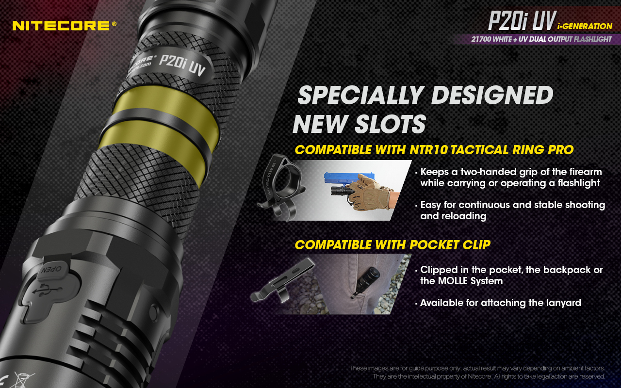 NITECORE P20i UV drážky na tele pre krúžok NTR10 a vreckový klip na vrecko, batoh, MOLLE aj šnúrku