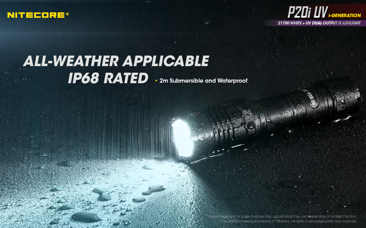 NITECORE P20i UV krytie IP68 s ponorom do 2 metrov – mokrá rozsvietená baterka v daždi na tmavom povrchu