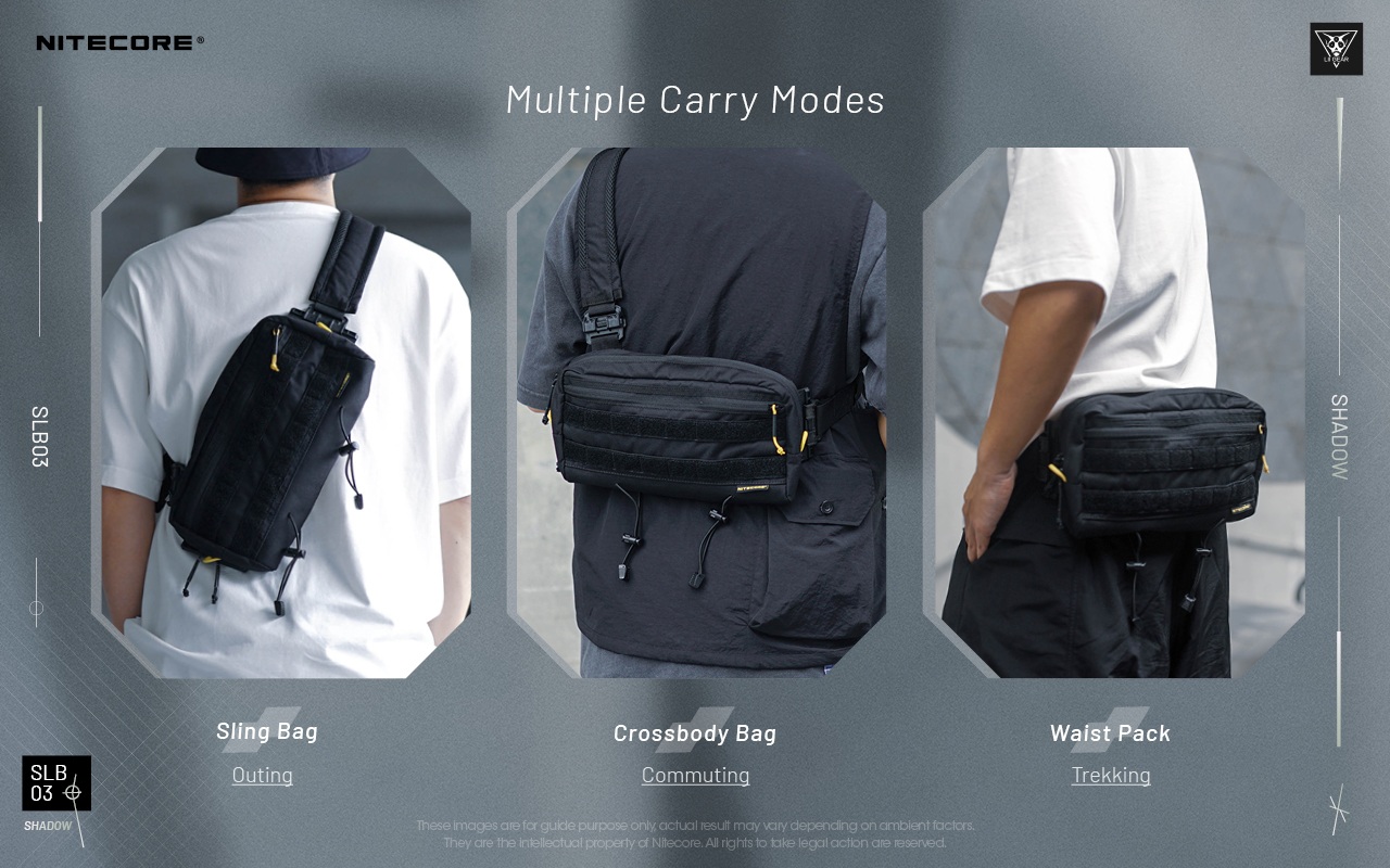 Nitecore SLB03 tri režimy nosenia — sling cez chrbát, crossbody na hrudi a ľadvinka na bedrách