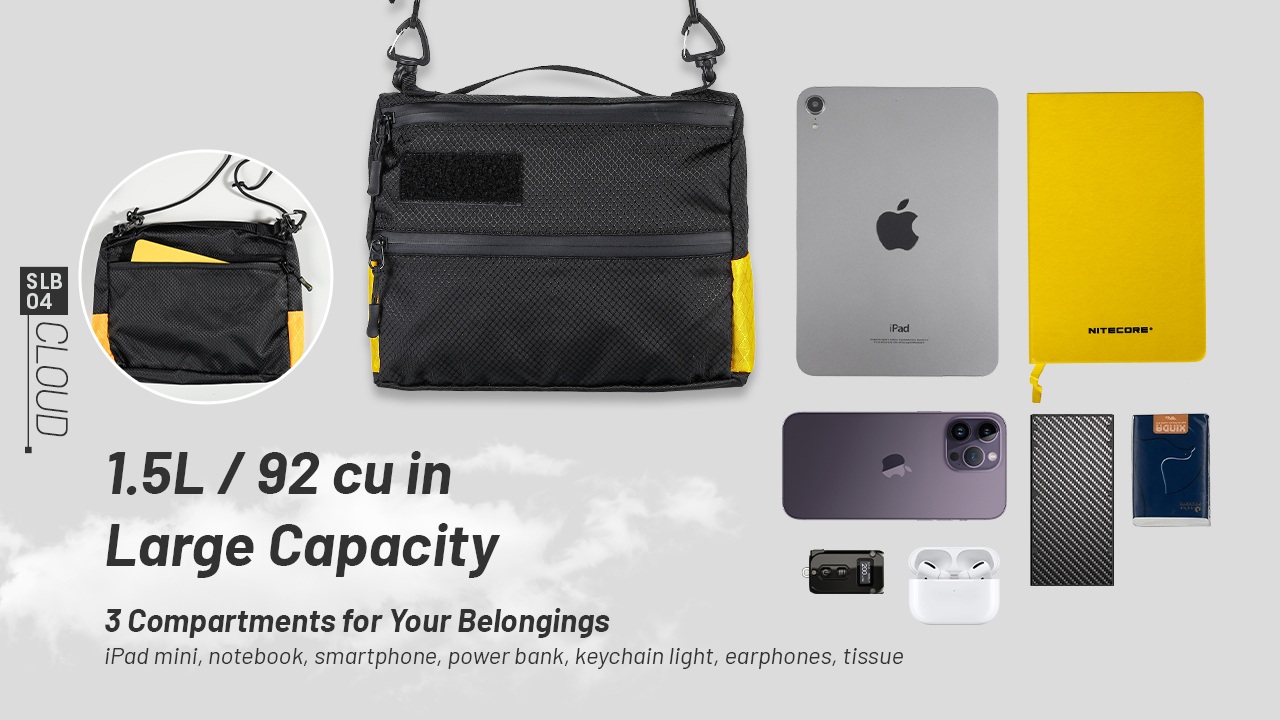 Obsah tašky Nitecore SLB04 — iPad mini, zápisník, smartfón, powerbanka, svetlo na kľúče, slúchadlá a vreckovky