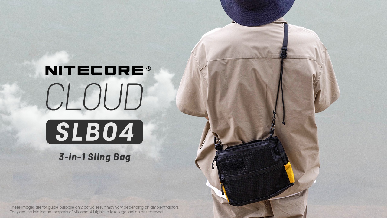 Nitecore CLOUD SLB04 nosená cez telo v teréne, čierna taška so žltými rohmi na svetlom oblečení