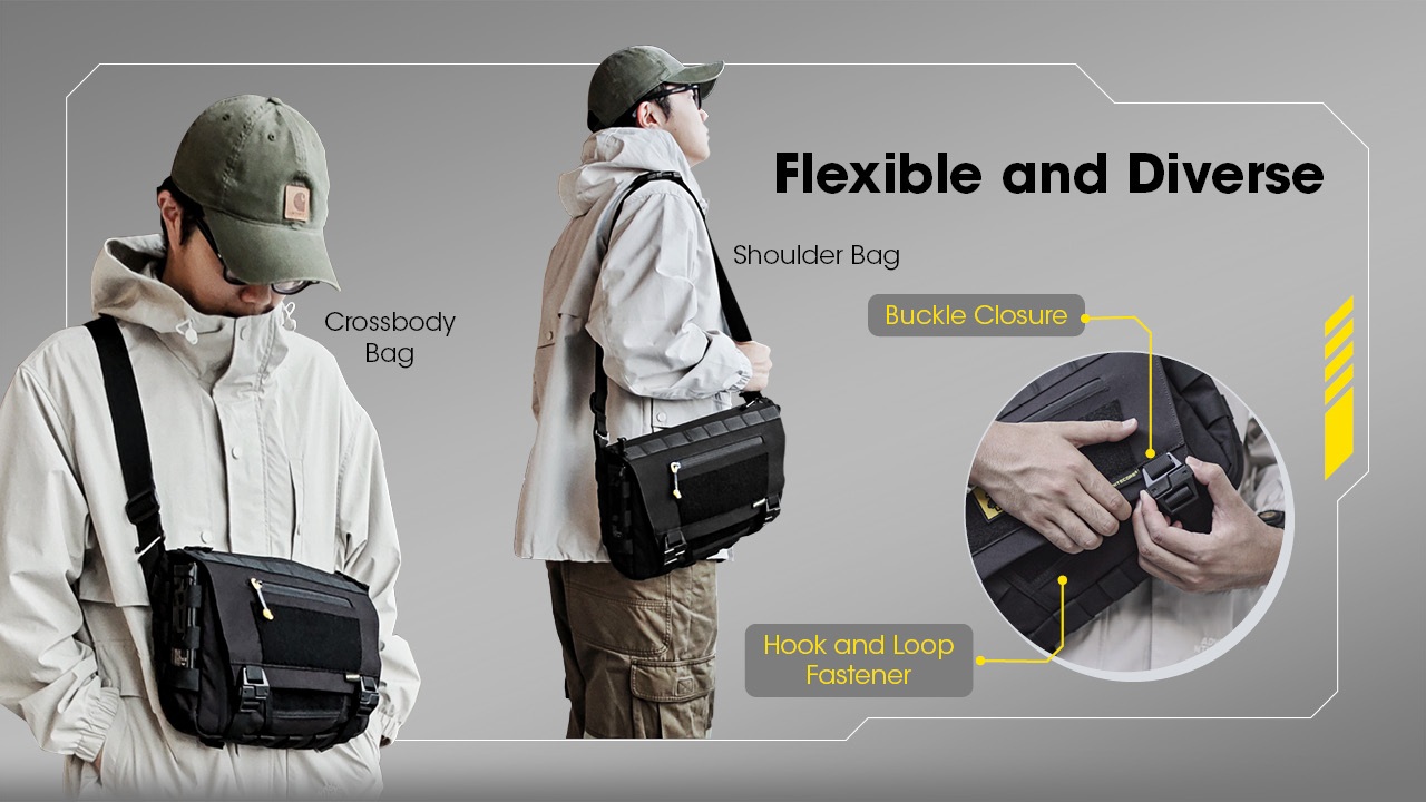 Nitecore SLB06 nosená crossbody cez telo a cez rameno, detail zapínania sponou a suchým zipsom
