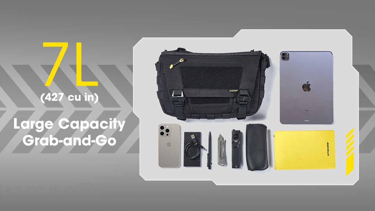 Obsah tašky Nitecore SLB06 — tablet, telefón, powerbanka, pero, multitool, baterka, puzdro na okuliare a zápisník