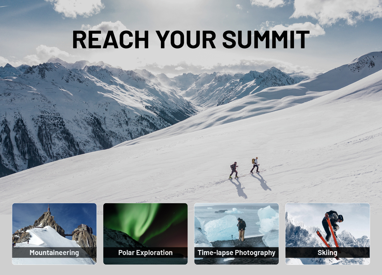 Nitecore SUMMIT 10000 na horolezectvo, polárne výpravy, časozbernú fotografiu a lyžovanie – skialpinisti na svahu