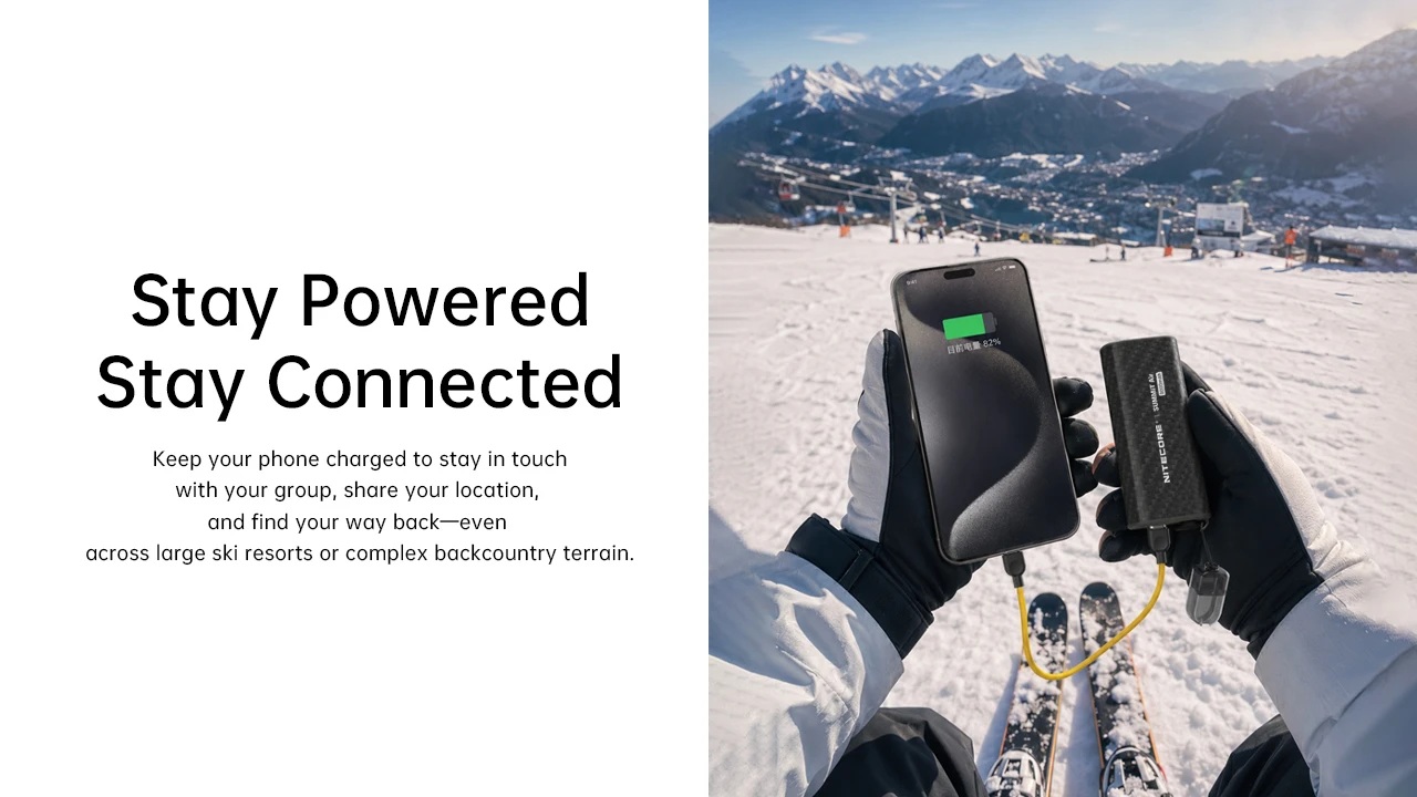 Nitecore SUMMIT Air nabíja telefón na svahu – lyžiar drží powerbanku a mobil prepojené žltým káblom nad lyžiarskym strediskom