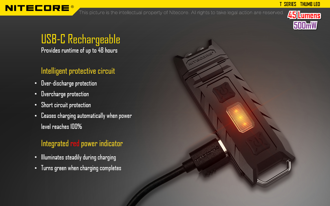 Nabíjanie NITECORE THUMB LEO cez USB-C – ochranný obvod akumulátora a indikátor nabíjania z červenej na zelenú