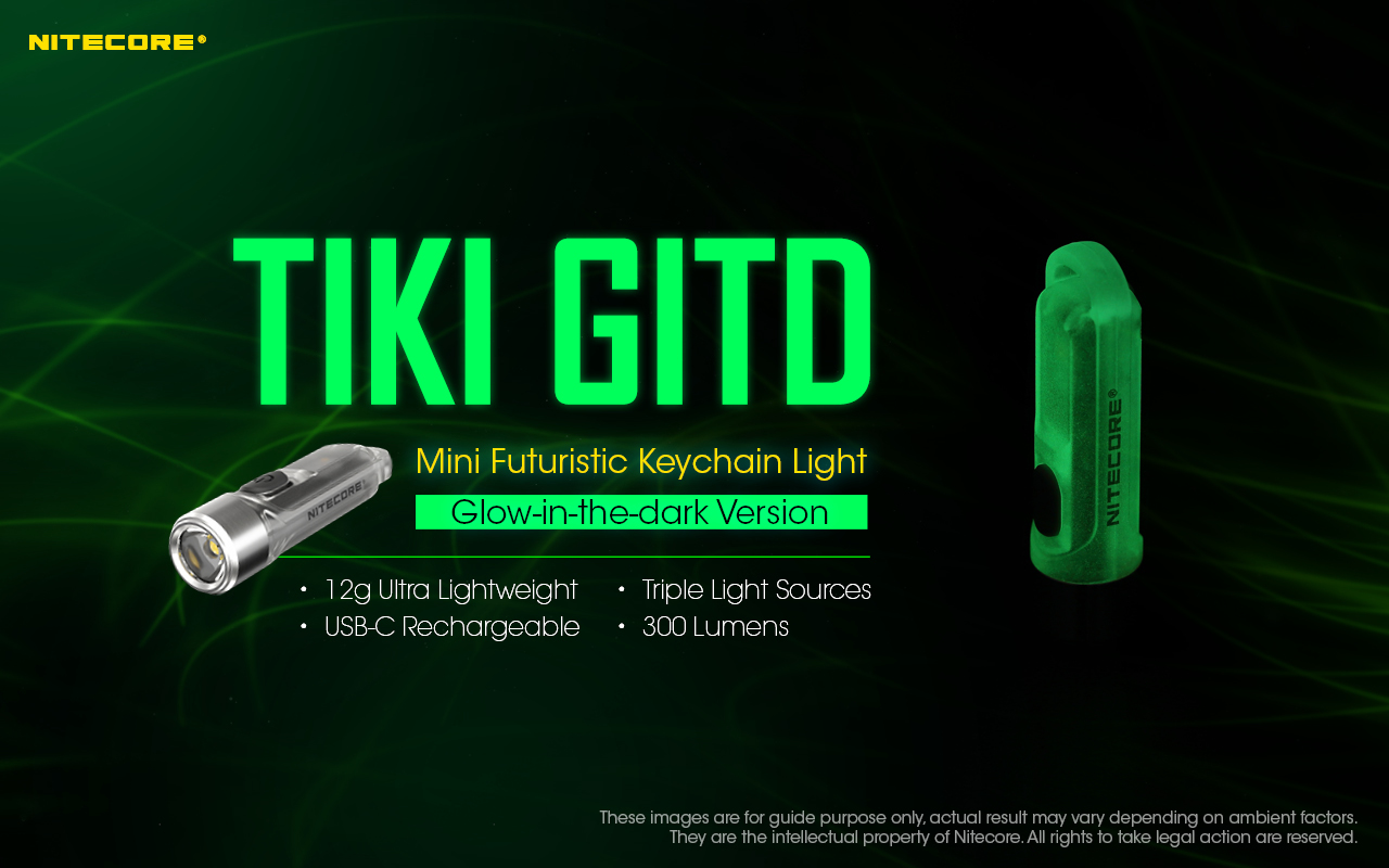 NITECORE TIKI GITD titulná infografika – 12 g, tri zdroje svetla, USB-C, 300 lm a plášť žiariaci v tme